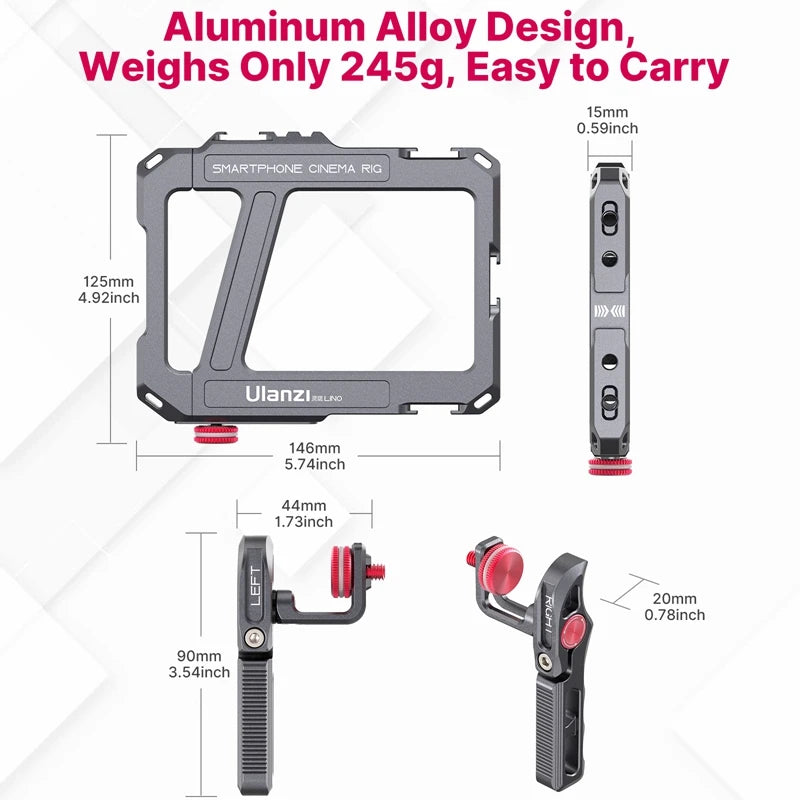 Ulanzi Lino Phone Video Vlog Cage with Adjustable Handle for iPhone 15 14 13 Pro Max Cold Shoe Mount for Microphone Flash Light