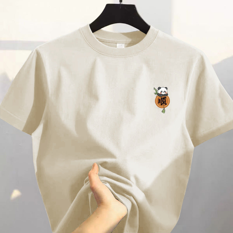 White 100% Cotton Heavyweight Short-Sleeved T-Shirt New Summer American Retro High-End Printed Versatile Top Trendy