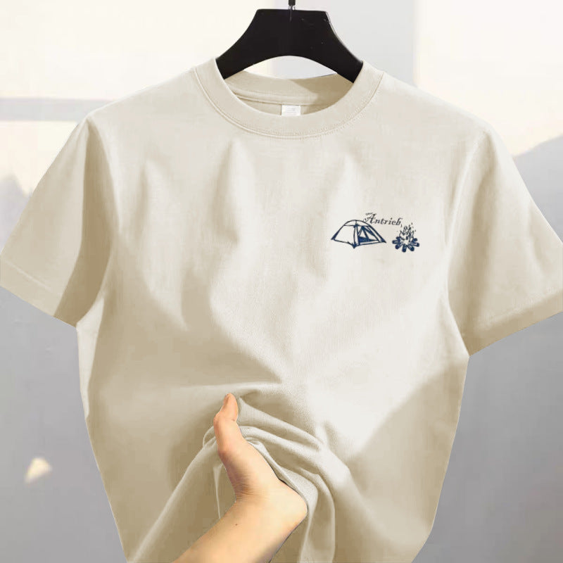 White 100% Cotton Heavyweight Short-Sleeved T-Shirt New Summer American Retro High-End Printed Versatile Top Trendy