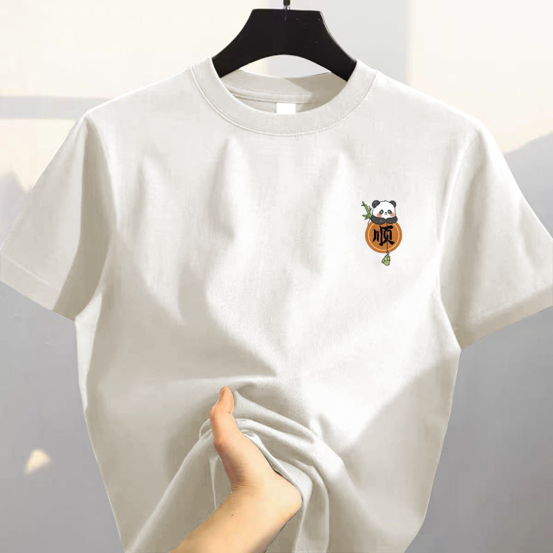 White 100% Cotton Heavyweight Short-Sleeved T-Shirt New Summer American Retro High-End Printed Versatile Top Trendy