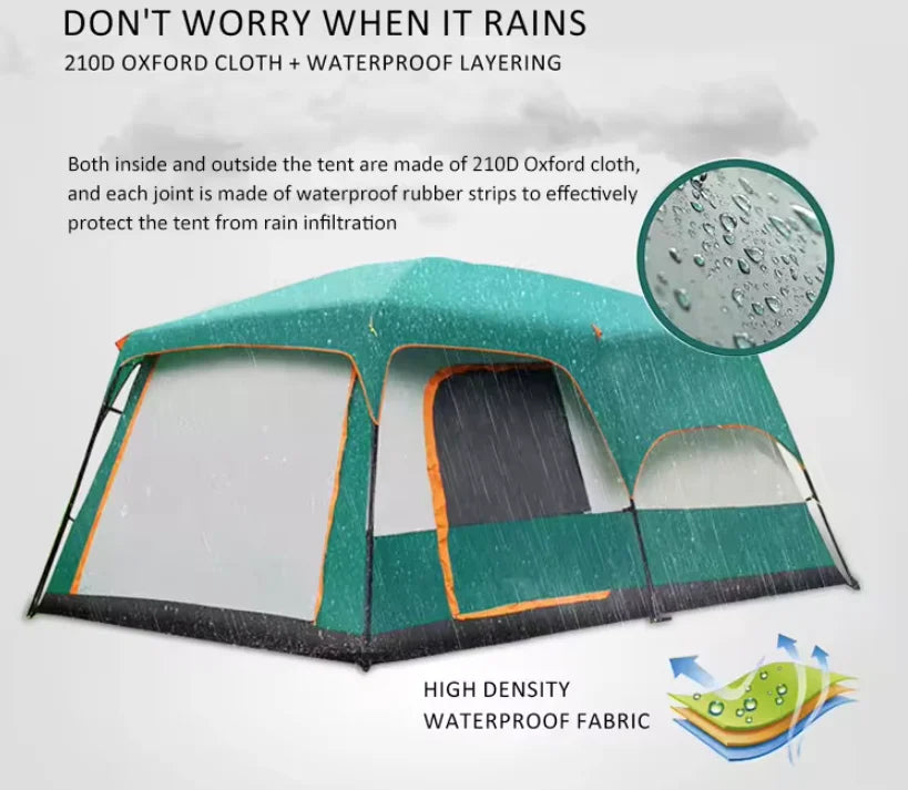 6-8-12 Person Large Family Camping Tent Easy Pop-Up 2 Bedrooms 1 Living Room Spacious Waterproof Breathable Outdoor Shelter
