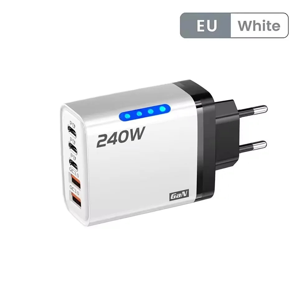 240w Gan Fast Charger With Led Light 5 In 1 2usb+3type-C Multi Port Phone Charger For Iphone15-17Series Samsung Huawei Xiaomi 15