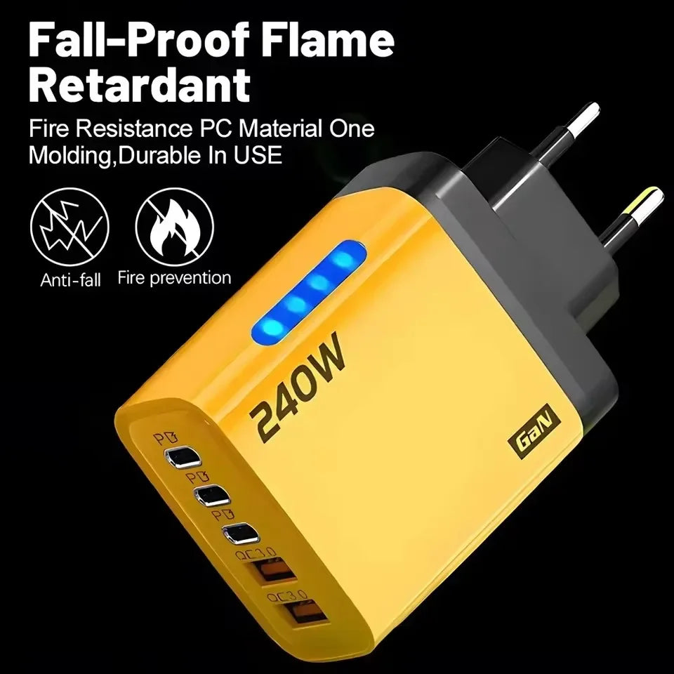 240w Gan Fast Charger With Led Light 5 In 1 2usb+3type-C Multi Port Phone Charger For Iphone15-17Series Samsung Huawei Xiaomi 15