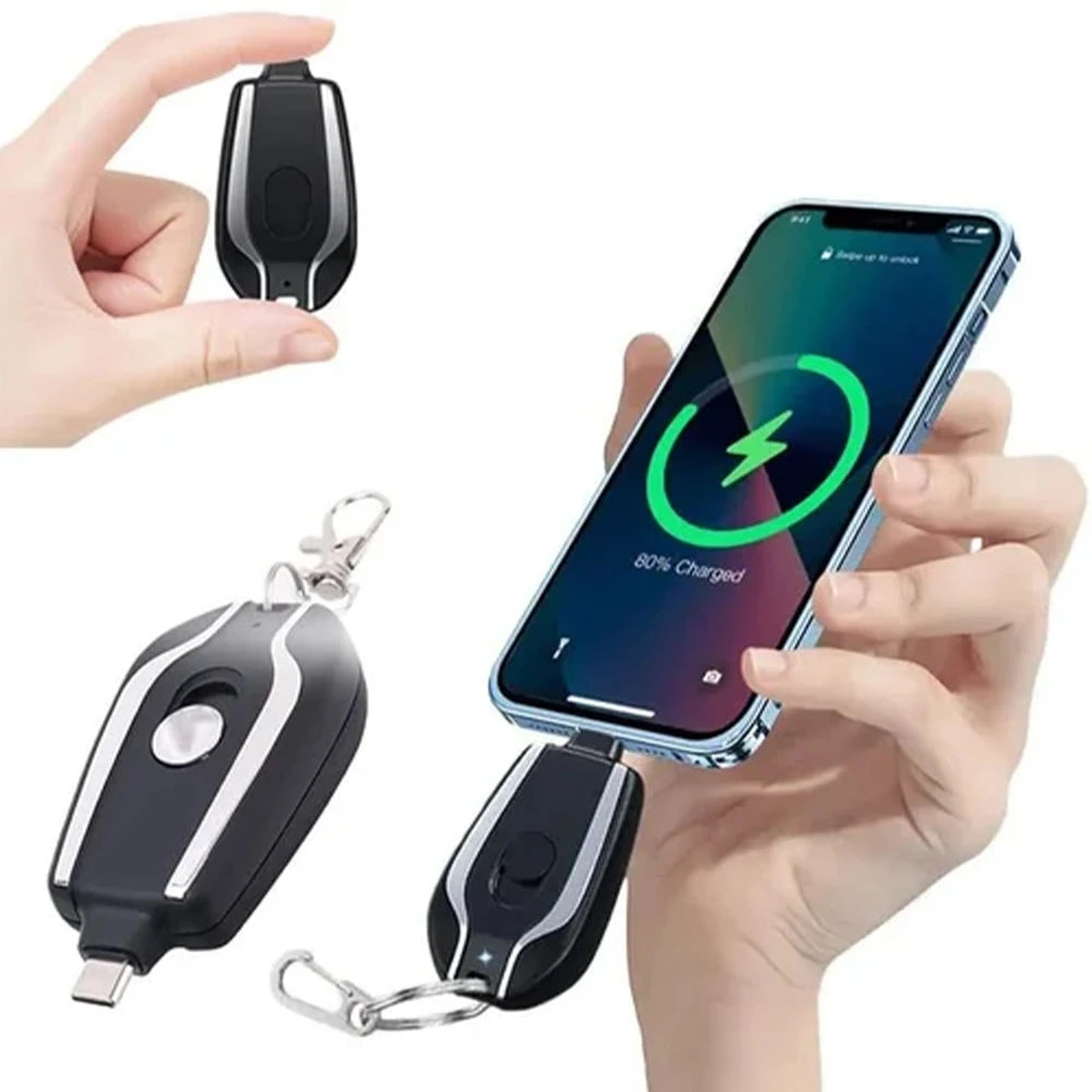 Power Bank Chaveiro 1500mAh Mini Carregador Portátil Recarregável com LED, Bateria Externa para Emergência e Celular