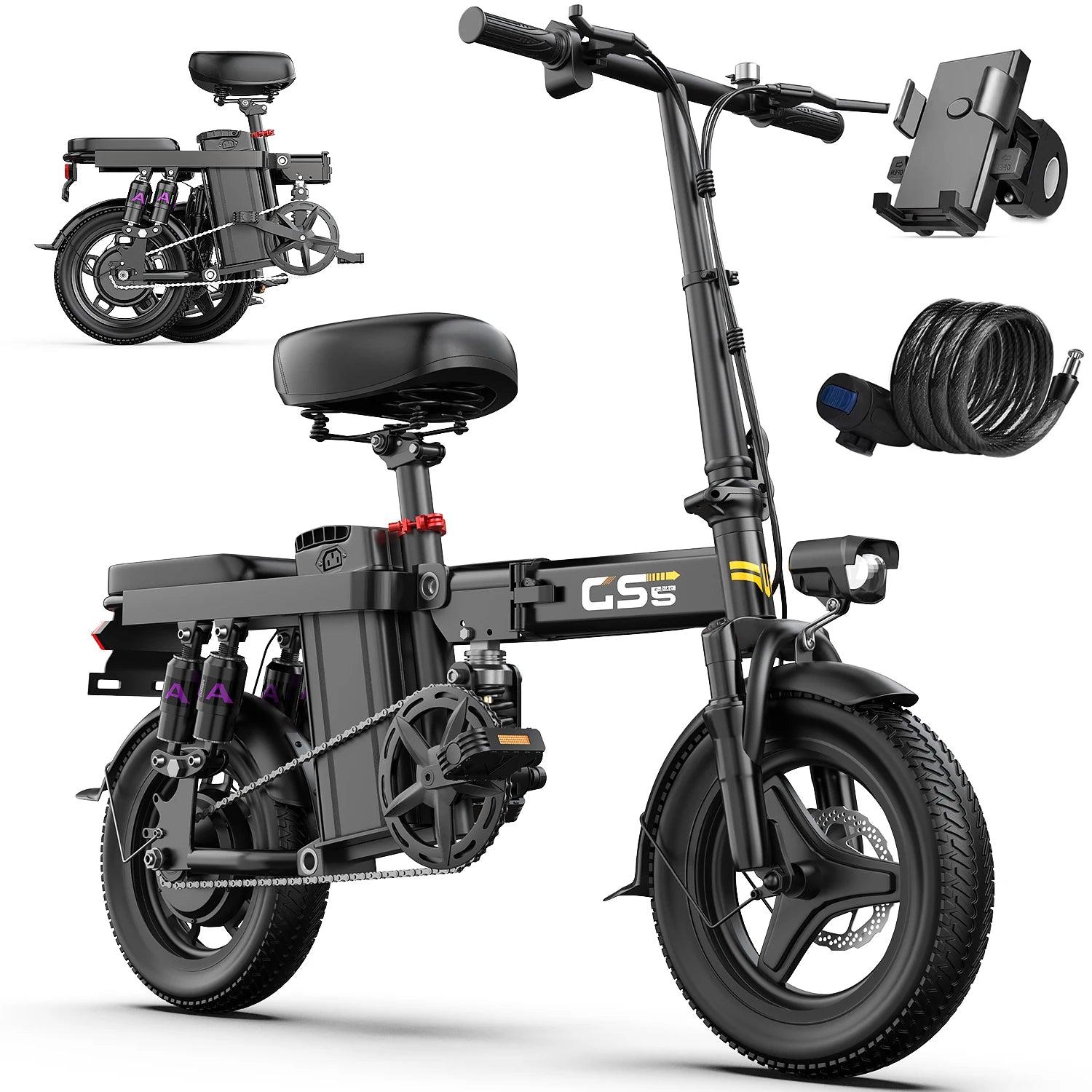 UPlee GS5 48V 15AH Battery EBike,20+MPH,740W Folding Electric Bike,20 Miles Max Range Electric Bike for Adults, 14" Fat Tire