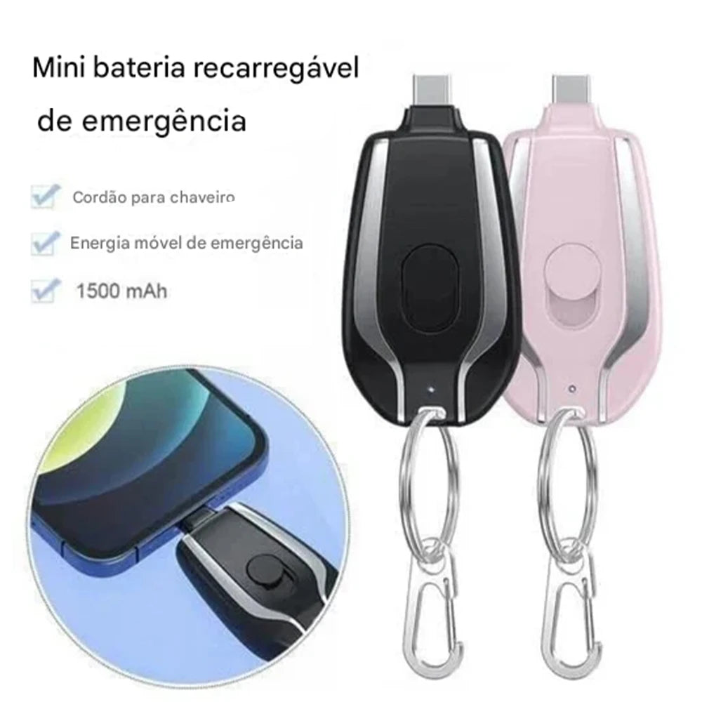Power Bank Chaveiro Mini 1500mAh Recarregável por USB Design Ultra Compacto para Emergências no Bolso ou Bolsa