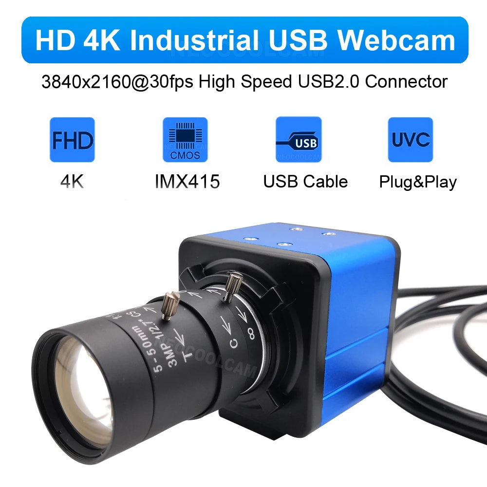 30fps Industrial 4K 8MP CCD IMX415 USB Webcam With 2.8-12mm/5-50mm Manual Zoom Lens 2K 4MP UVC OTG PC Video Camera For Computer