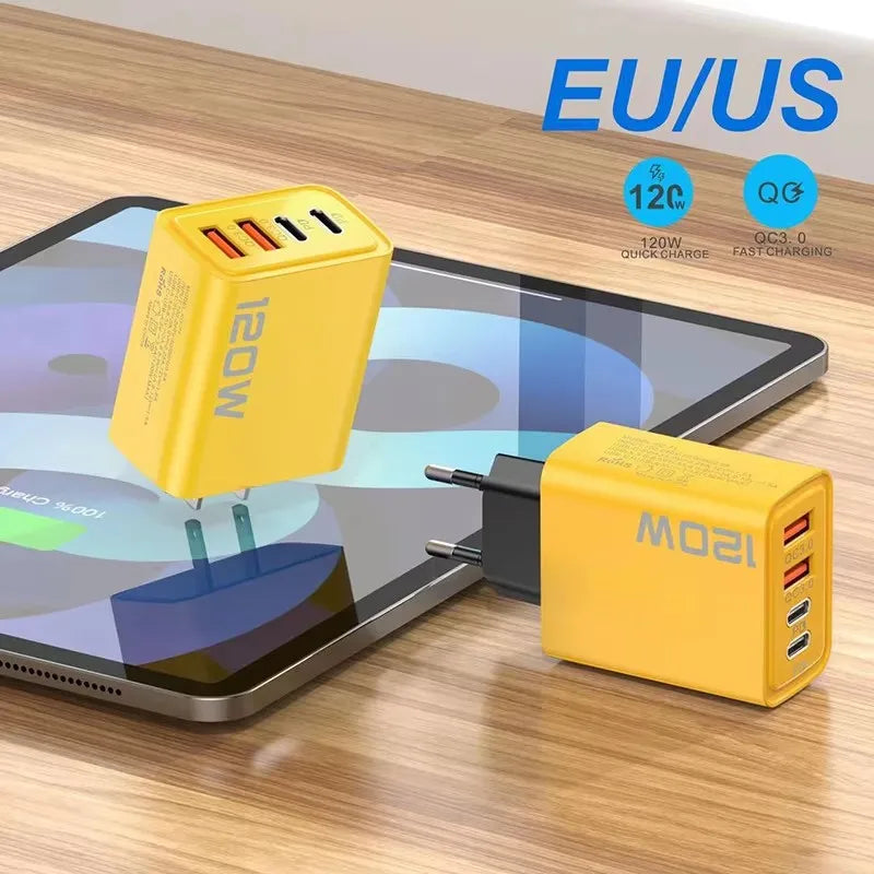 4 Ports 120W Charger Quick Charge 3.0 USB C PD Type C USB Phone Chargers Fast Charging Adapter For iPhone Samsung Xiaomi Huawei