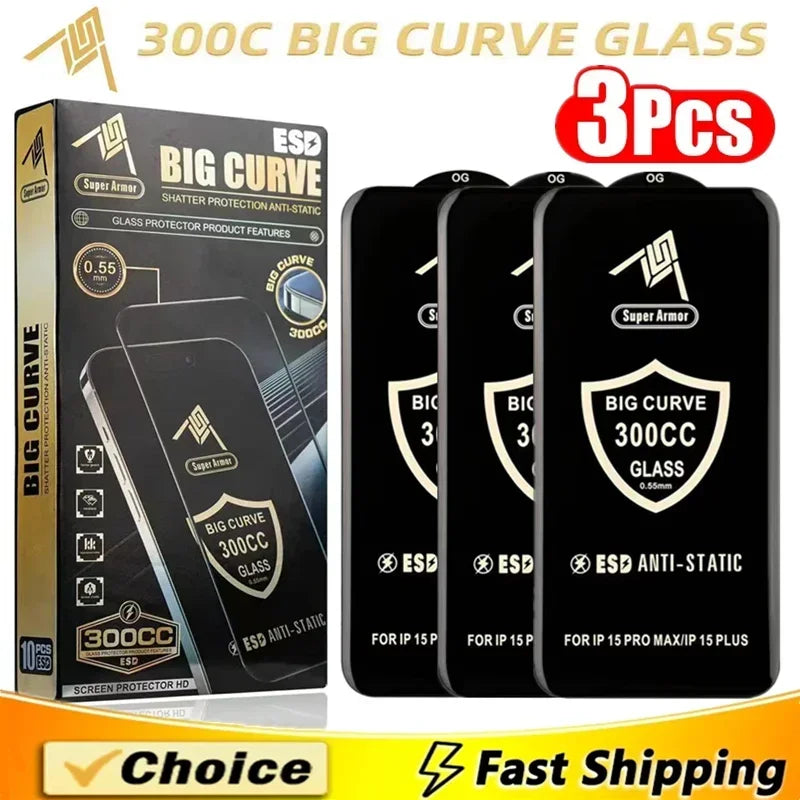 300CC Big Curve Tempered Glass For iPhone 15 14 13 16 17 Pro Max ESD Anti-Static Screen Protector For iPhone 11 12 PRO XR XS MAX