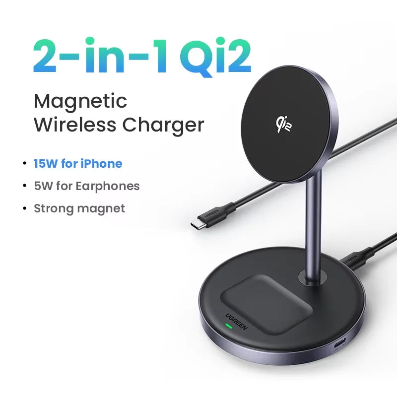 UGREEN Magnetic Wireless Charger Stand 7.5W 2-in-1 Charging Stand For iPhone 16 17 Pro Max/iPhone 14/AirPods Fast Charger