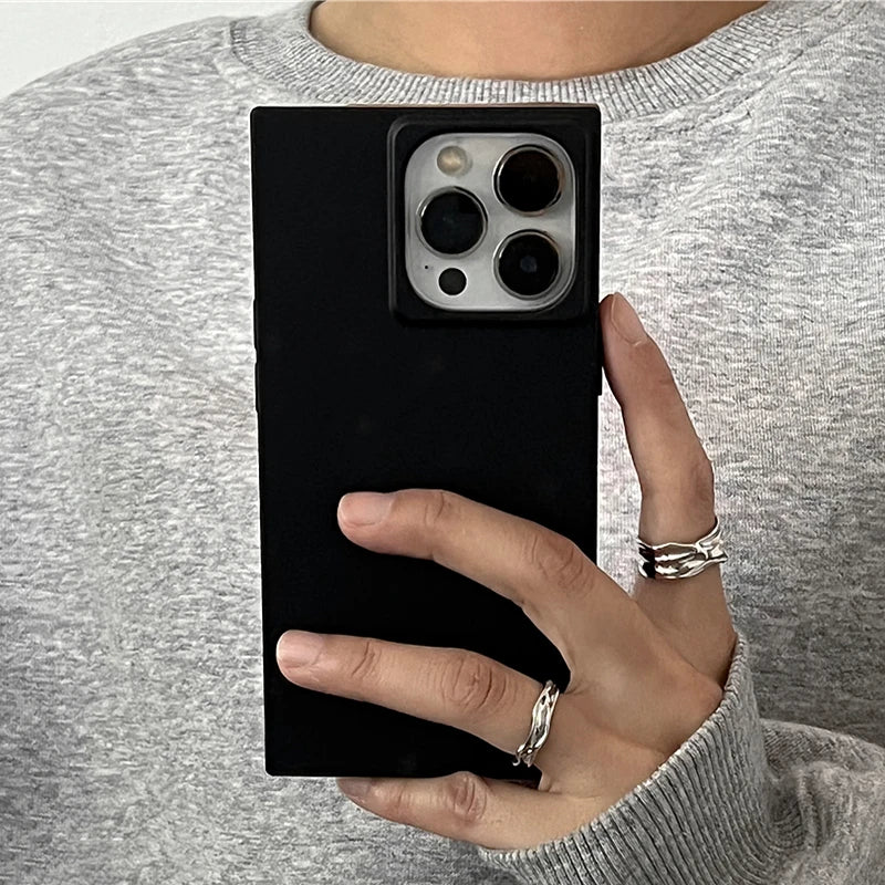 Simple Fashion Matte Black Rectangle Frame Phone Case For iPhone 17 16 15 13 14 12 Pro Max IMD TPU Shockproof Back Cover