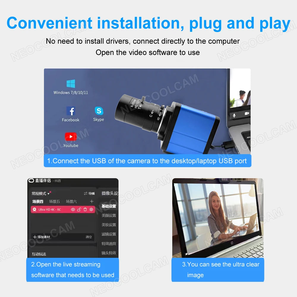 30fps Industrial 4K 8MP CCD IMX415 USB Webcam With 2.8-12mm/5-50mm Manual Zoom Lens 2K 4MP UVC OTG PC Video Camera For Computer