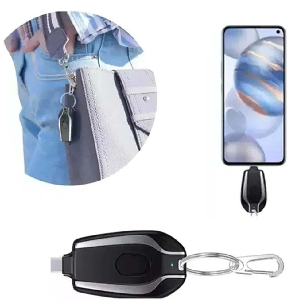 Power Bank Chaveiro 1500mAh Mini Carregador Portátil Recarregável com LED, Bateria Externa para Emergência e Celular