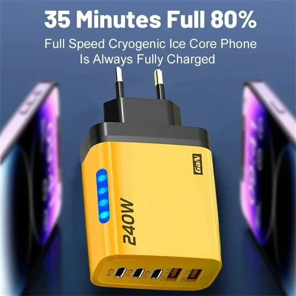 240w Gan Fast Charger With Led Light 5 In 1 2usb+3type-C Multi Port Phone Charger For Iphone15-17Series Samsung Huawei Xiaomi 15