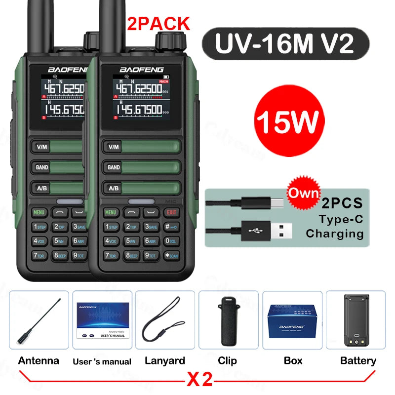 2Pack Baofeng 15W 50KM Waterproof Walkie Talkie 999CH AM FM 2-Way Radio Full Band LCD Screen Frequency Copy Noise Reduce UV16M