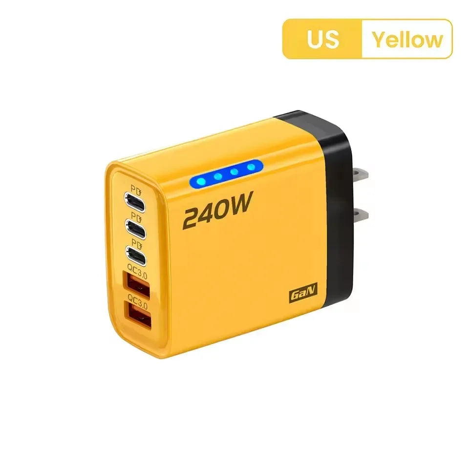 240w Gan Fast Charger With Led Light 5 In 1 2usb+3type-C Multi Port Phone Charger For Iphone15-17Series Samsung Huawei Xiaomi 15