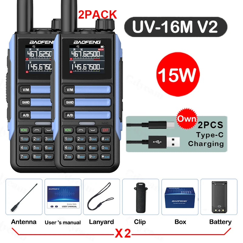 2Pack Baofeng 15W 50KM Waterproof Walkie Talkie 999CH AM FM 2-Way Radio Full Band LCD Screen Frequency Copy Noise Reduce UV16M
