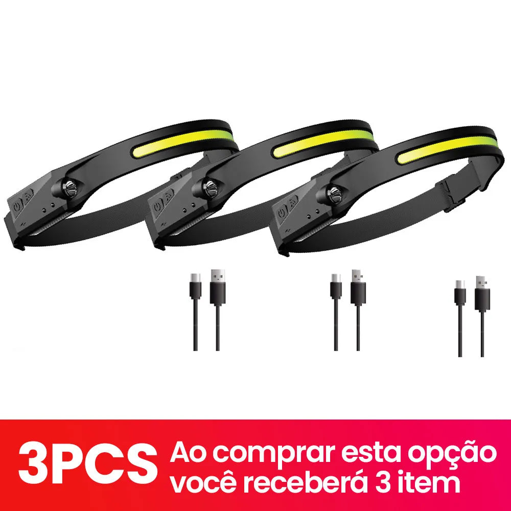 Lanterna de Cabeça LED Recarregável com Sensor de Movimento USB para Camping, Pesca e Emergência