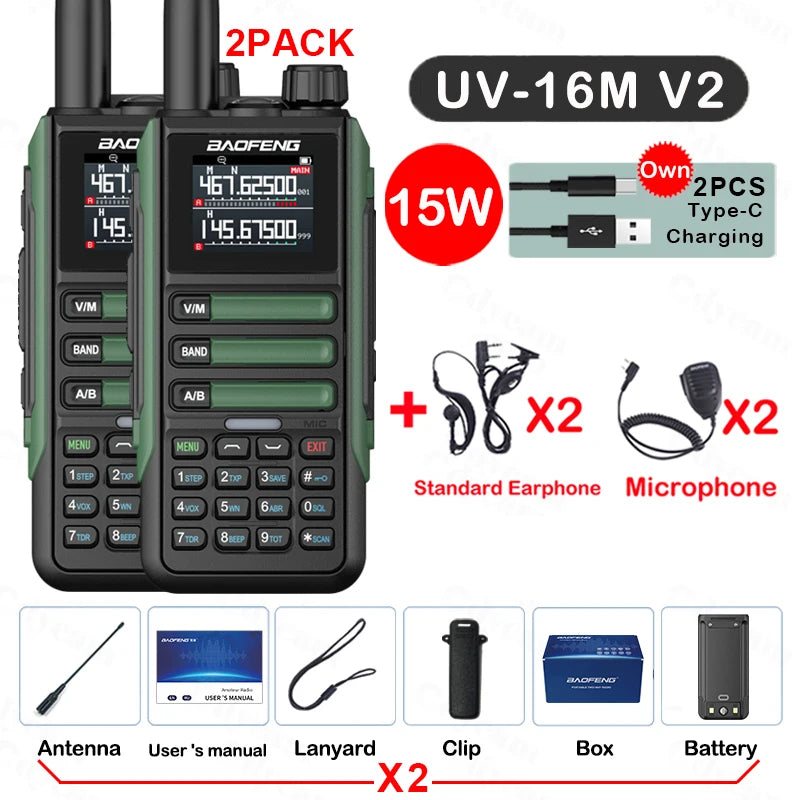 2Pack Baofeng 15W 50KM Waterproof Walkie Talkie 999CH AM FM 2-Way Radio Full Band LCD Screen Frequency Copy Noise Reduce UV16M