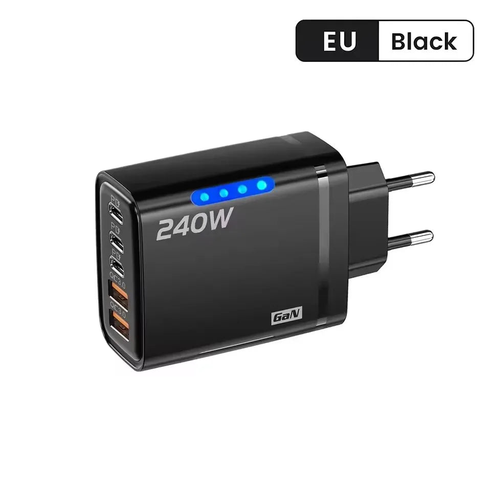 240w Gan Fast Charger With Led Light 5 In 1 2usb+3type-C Multi Port Phone Charger For Iphone15-17Series Samsung Huawei Xiaomi 15
