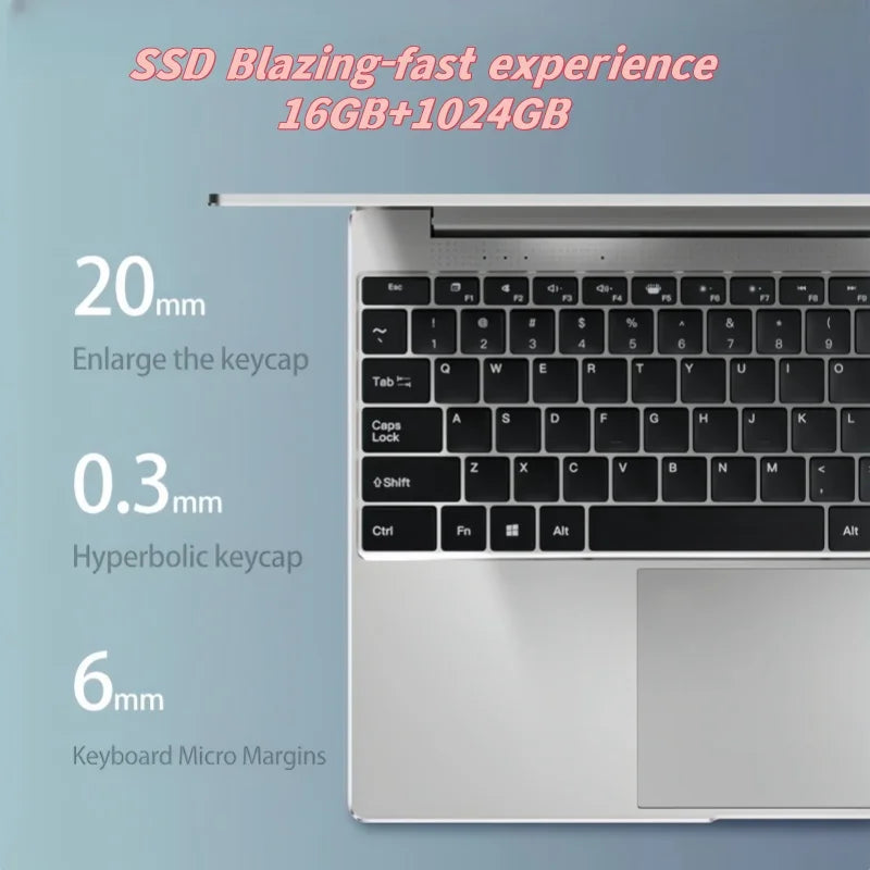 Ultra Slim Laptop 14.1" 16GB RAM 2TB SSD Intel N3700 Notebook Windows 11 Pro 1920*1080 Display Office Study Computer PC