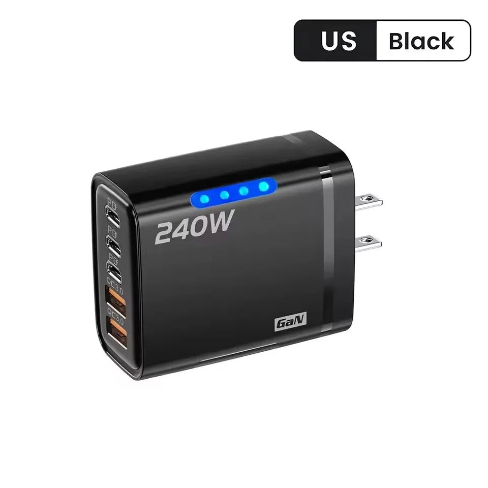 240w Gan Fast Charger With Led Light 5 In 1 2usb+3type-C Multi Port Phone Charger For Iphone15-17Series Samsung Huawei Xiaomi 15