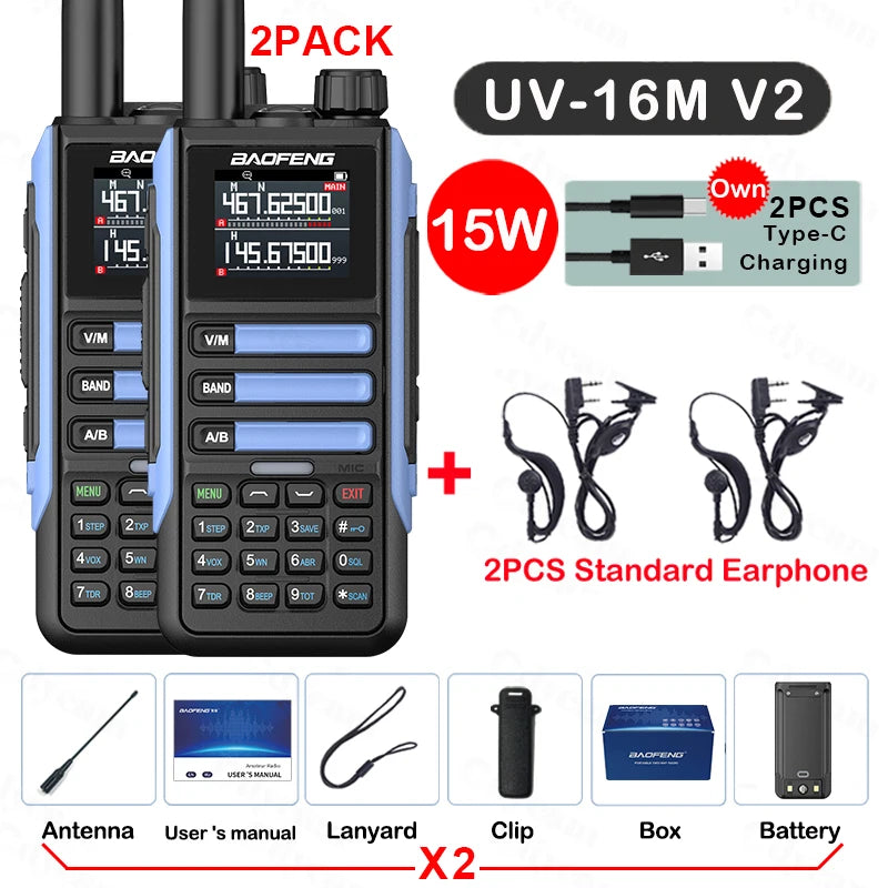 2Pack Baofeng 15W 50KM Waterproof Walkie Talkie 999CH AM FM 2-Way Radio Full Band LCD Screen Frequency Copy Noise Reduce UV16M