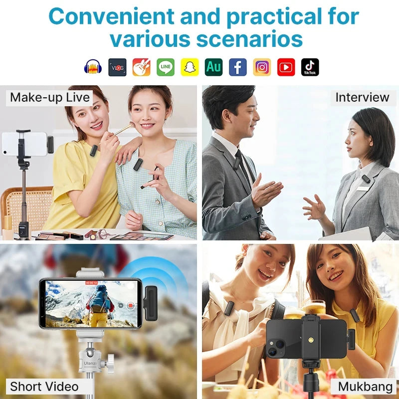 Ulanzi J12 Wireless Lavalier Microphone Lapel Mic Set Short Video Recording Mini Mic For iPhone 16 15 14 Android Live Broadcast