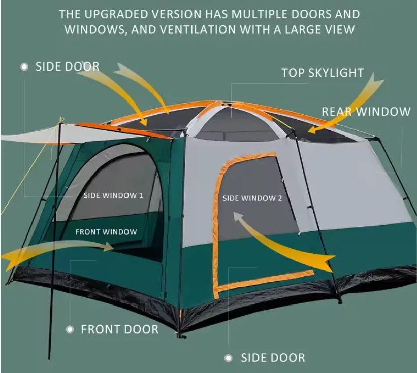 6-8-12 Person Large Family Camping Tent Easy Pop-Up 2 Bedrooms 1 Living Room Spacious Waterproof Breathable Outdoor Shelter