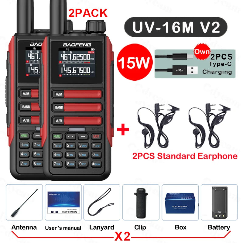2Pack Baofeng 15W 50KM Waterproof Walkie Talkie 999CH AM FM 2-Way Radio Full Band LCD Screen Frequency Copy Noise Reduce UV16M
