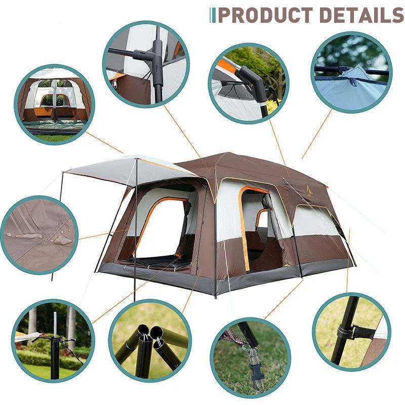 6-8-12 Person Large Family Camping Tent Easy Pop-Up 2 Bedrooms 1 Living Room Spacious Waterproof Breathable Outdoor Shelter