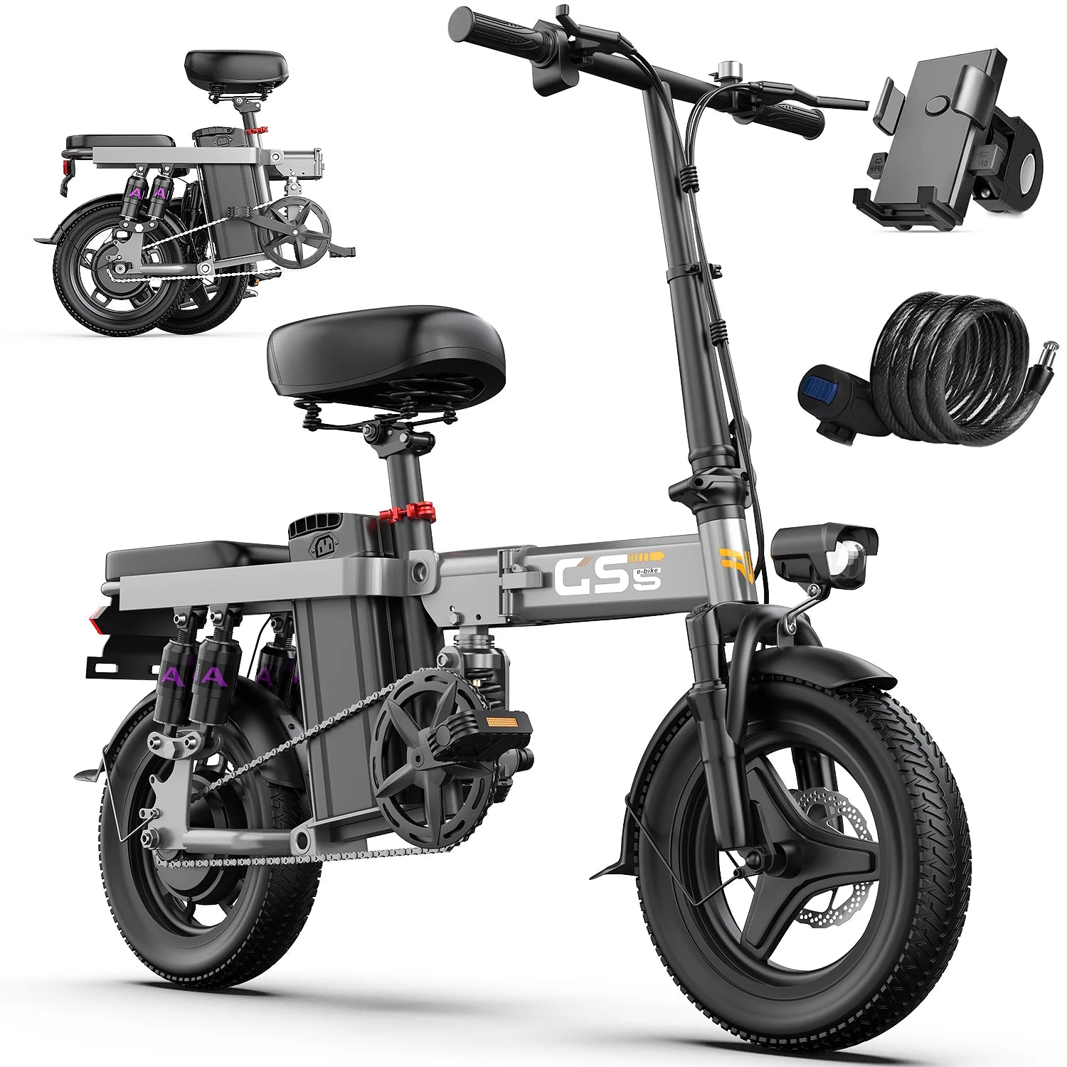 UPlee GS5 48V 15AH Battery EBike,20+MPH,740W Folding Electric Bike,20 Miles Max Range Electric Bike for Adults, 14" Fat Tire