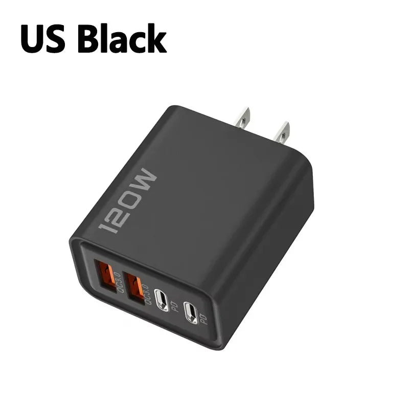 4 Ports 120W Charger Quick Charge 3.0 USB C PD Type C USB Phone Chargers Fast Charging Adapter For iPhone Samsung Xiaomi Huawei