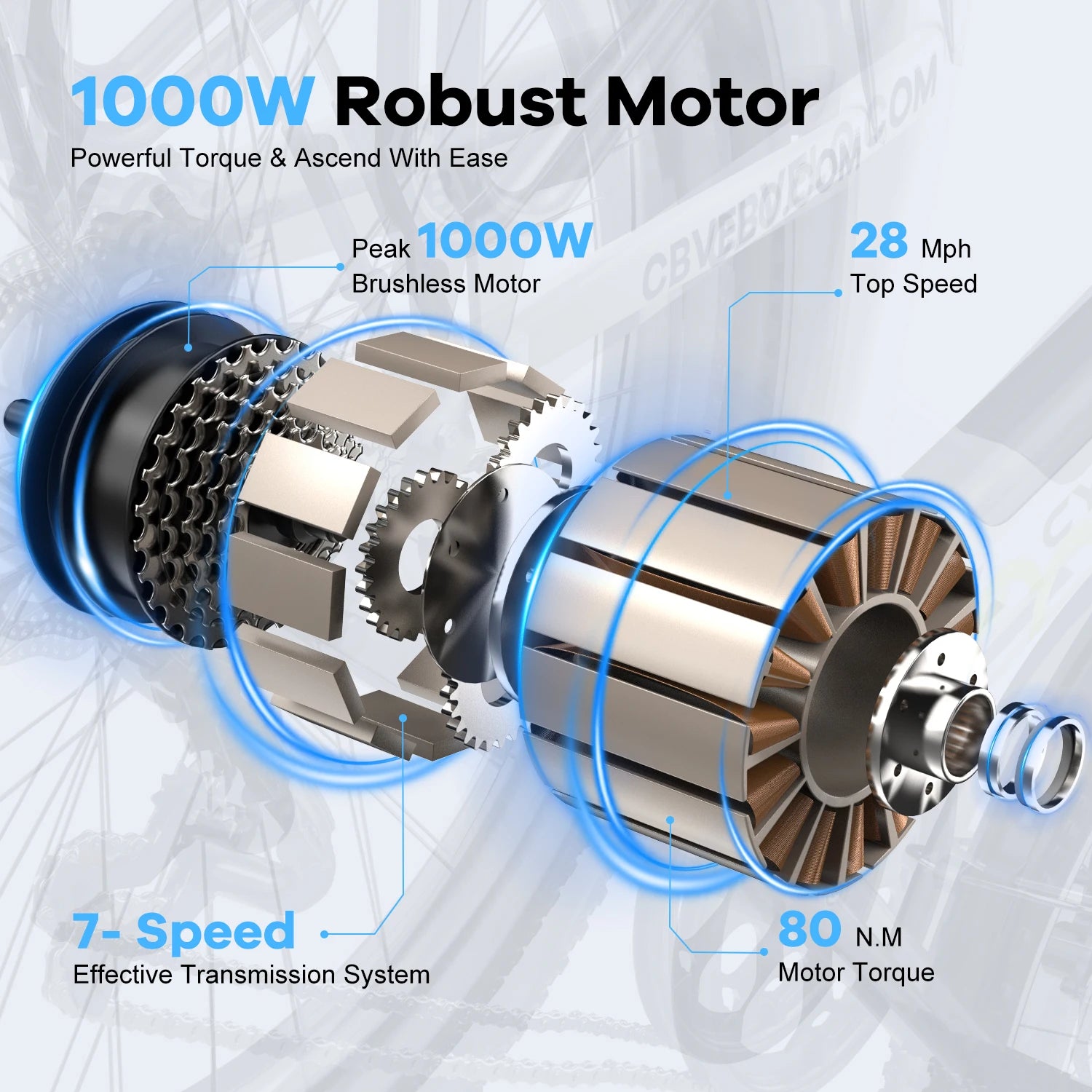 Cybervelo Urban Commute E-Bike, 48V 1000W Peak Motor Detachable Battery 7-Speed Shift Electric Bike 26" Step-Thru Adults EK2
