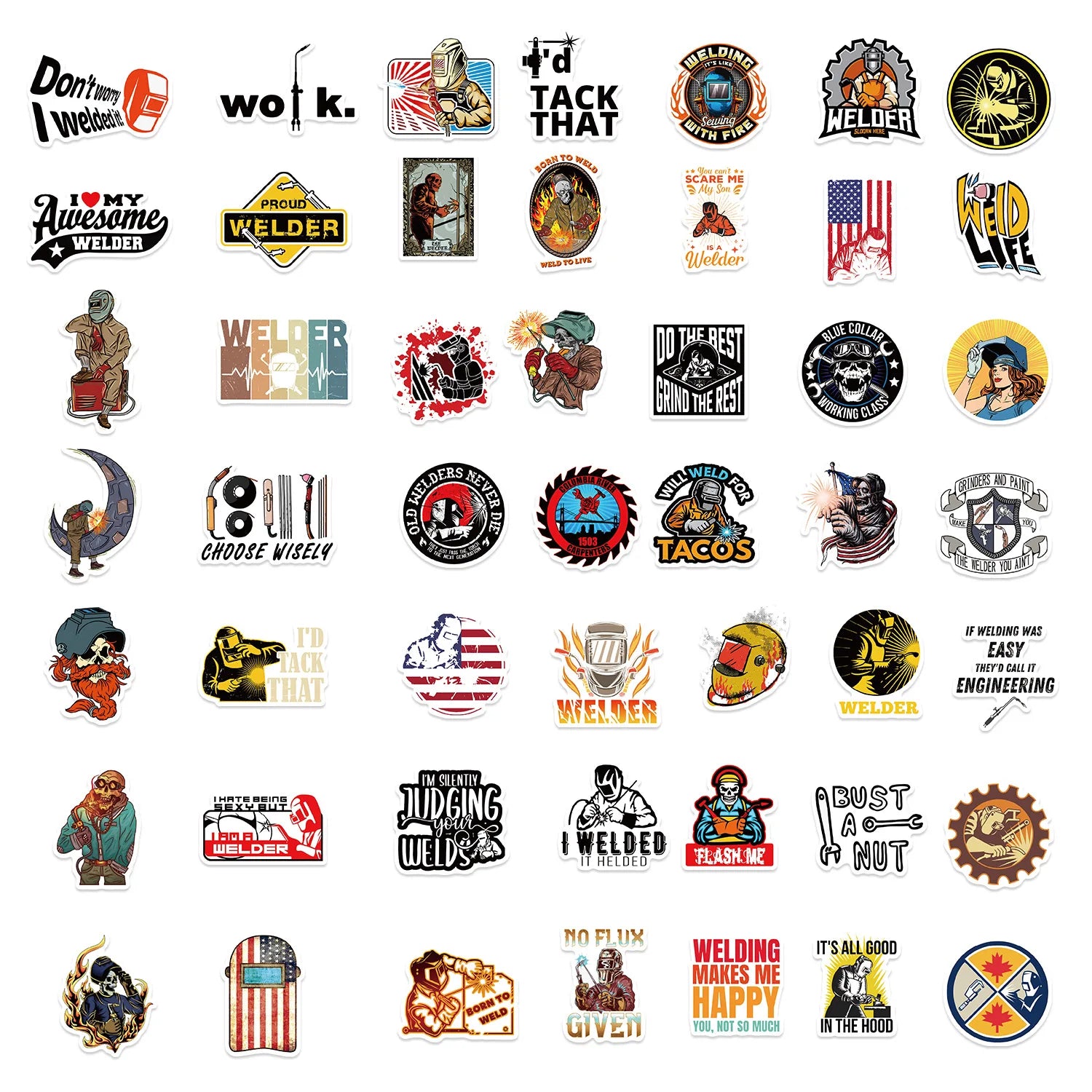 50PCS/Pack Cartoon Welder Helmet Hard Hat Stickers Decals For Phone Laptop Suitcase Notebook Skateboard Waterproof Stickers