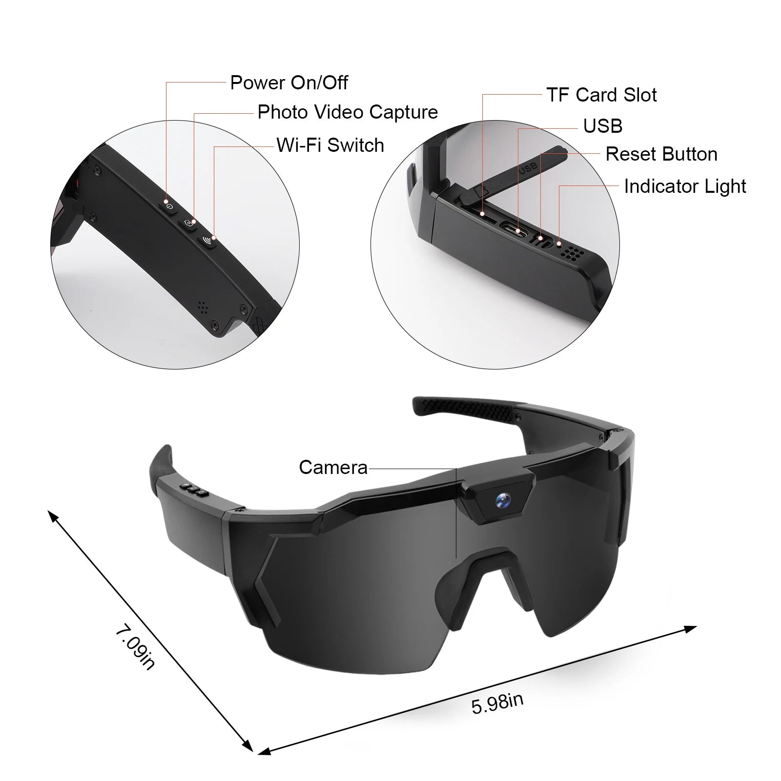 Smart Camera Sport Sunglasses & Anti-Glare Lens HD 1080P POV Video Recorder for Cycling Skiing Lightweight Comfortable Goggles