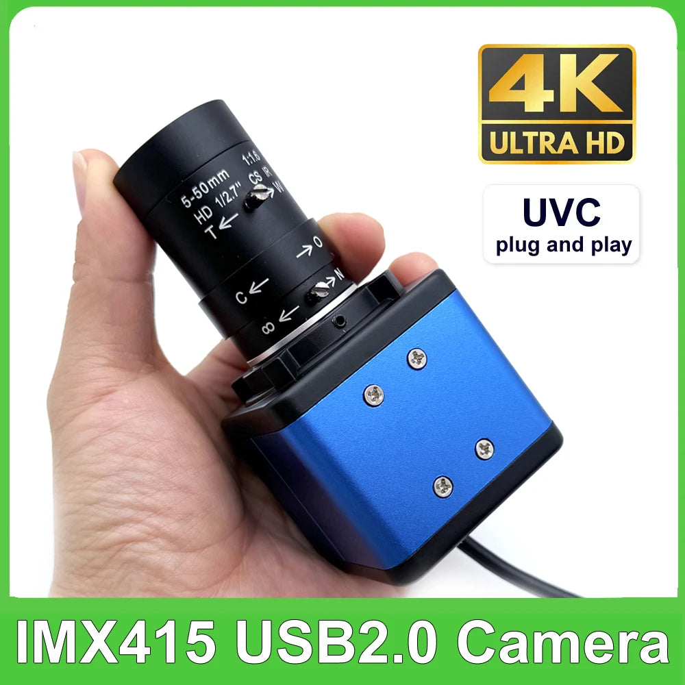 30fps Industrial 4K 8MP CCD IMX415 USB Webcam With 2.8-12mm/5-50mm Manual Zoom Lens 2K 4MP UVC OTG PC Video Camera For Computer