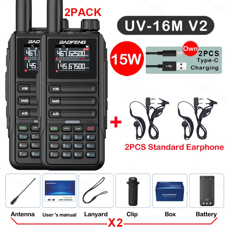 2Pack Baofeng 15W 50KM Waterproof Walkie Talkie 999CH AM FM 2-Way Radio Full Band LCD Screen Frequency Copy Noise Reduce UV16M