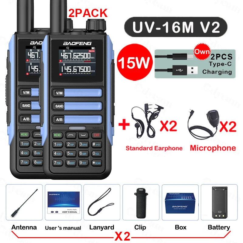 2Pack Baofeng 15W 50KM Waterproof Walkie Talkie 999CH AM FM 2-Way Radio Full Band LCD Screen Frequency Copy Noise Reduce UV16M