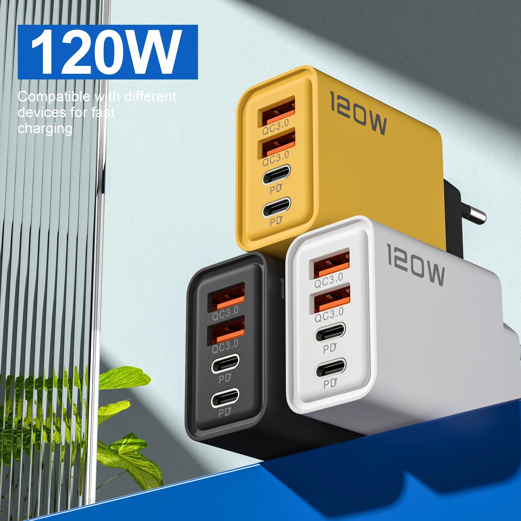 4 Ports 120W Charger Quick Charge 3.0 USB C PD Type C USB Phone Chargers Fast Charging Adapter For iPhone Samsung Xiaomi Huawei