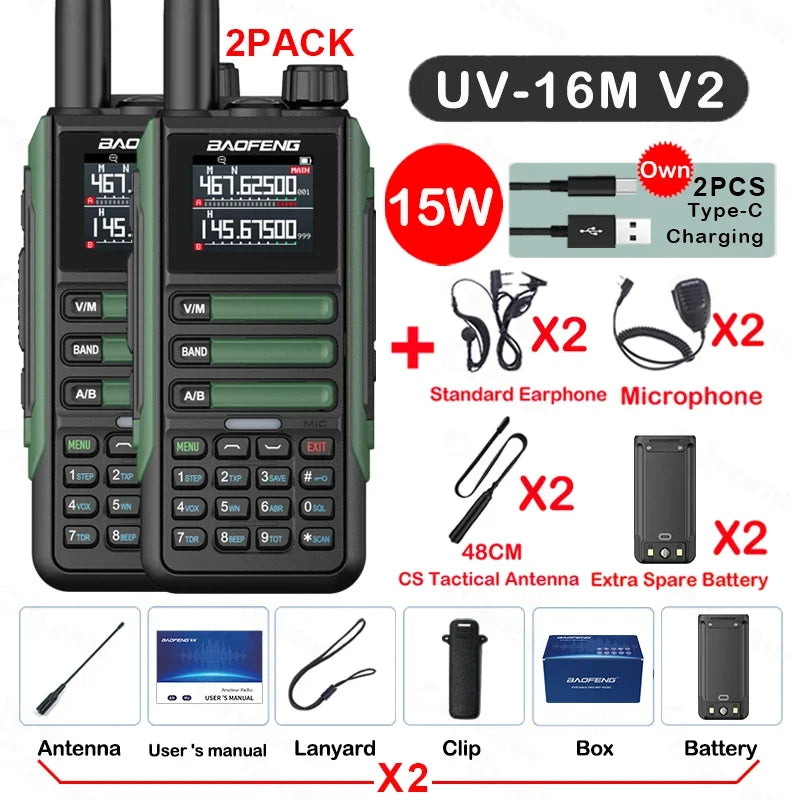2Pack Baofeng 15W 50KM Waterproof Walkie Talkie 999CH AM FM 2-Way Radio Full Band LCD Screen Frequency Copy Noise Reduce UV16M