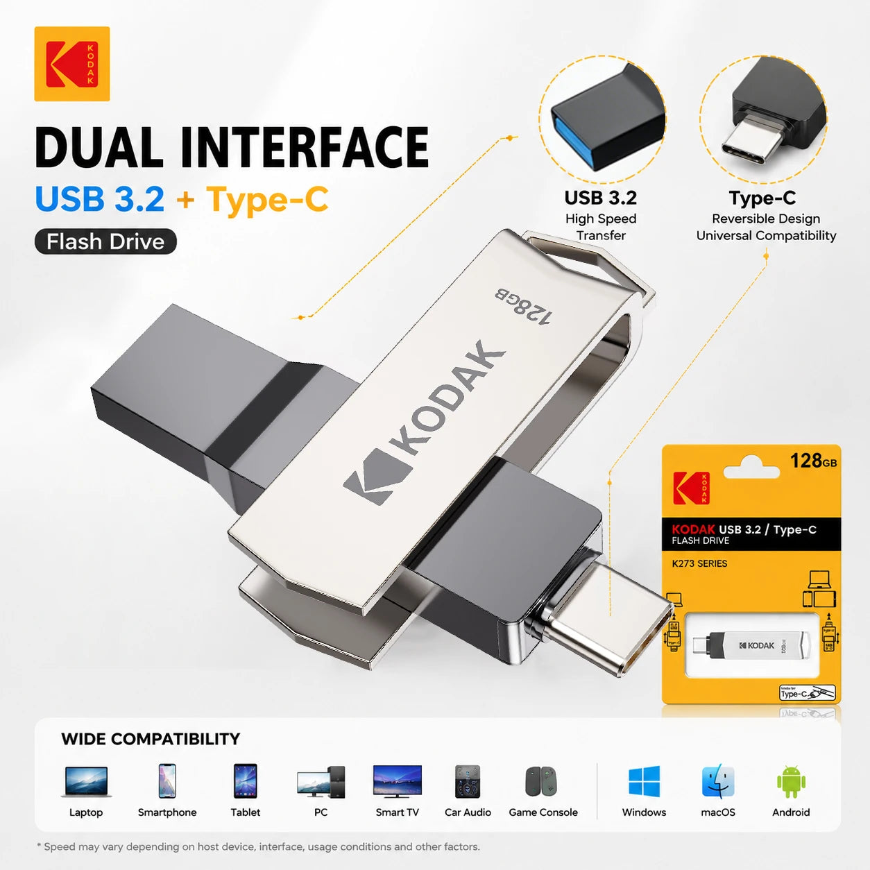 Kodak K273 Double Nip USB Flash Drive 64GB 128GB High Speed USB3.2 Pen Drive Memory Stick Pendrive Metal OTG Stick 100% Original