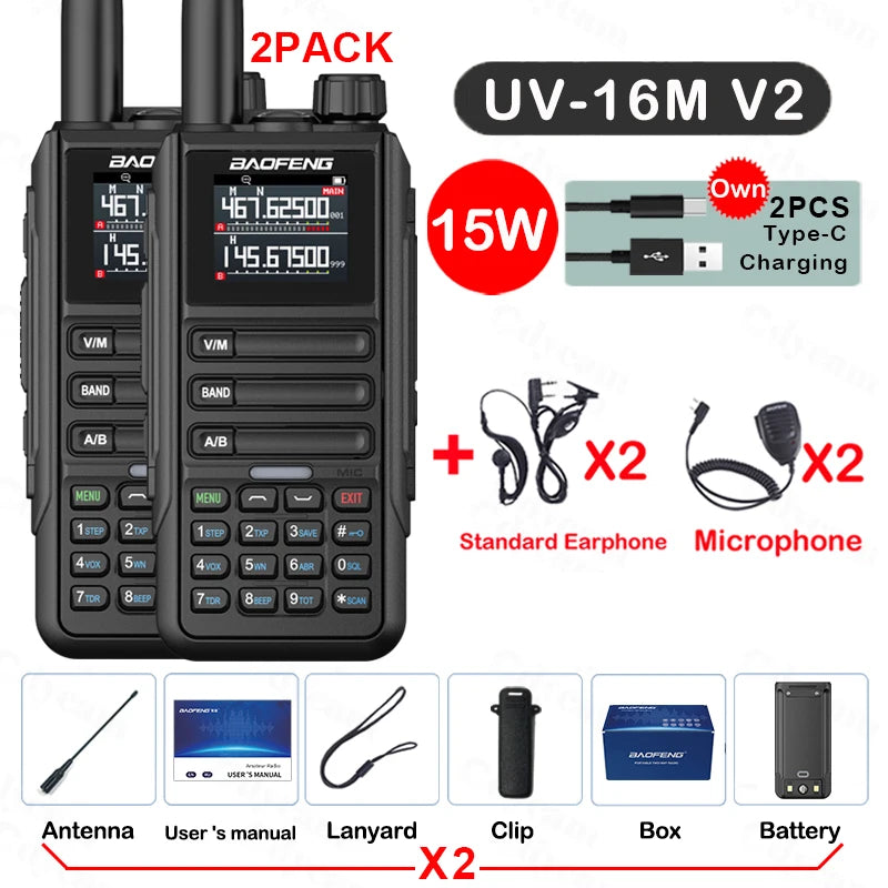 2Pack Baofeng 15W 50KM Waterproof Walkie Talkie 999CH AM FM 2-Way Radio Full Band LCD Screen Frequency Copy Noise Reduce UV16M