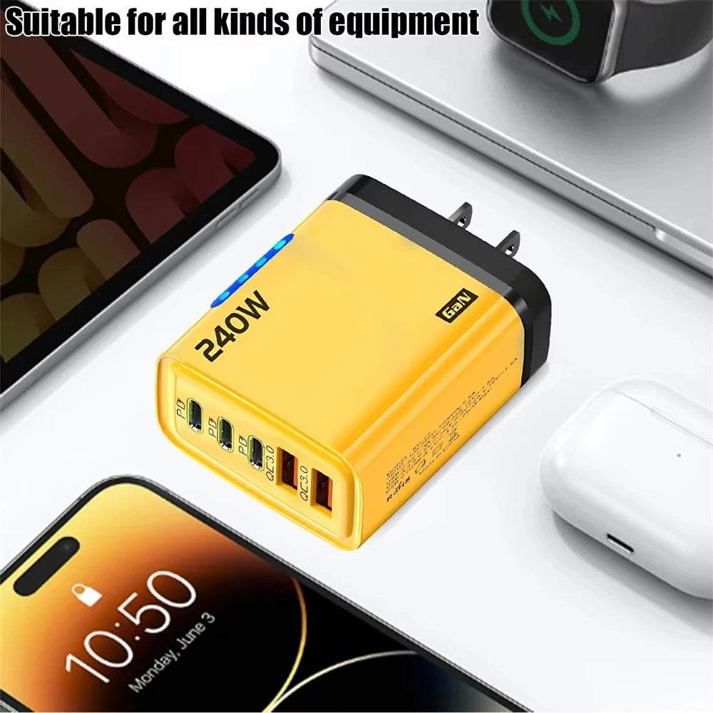 240w Gan Fast Charger With Led Light 5 In 1 2usb+3type-C Multi Port Phone Charger For Iphone15-17Series Samsung Huawei Xiaomi 15