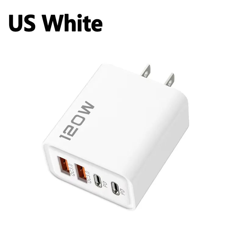 4 Ports 120W Charger Quick Charge 3.0 USB C PD Type C USB Phone Chargers Fast Charging Adapter For iPhone Samsung Xiaomi Huawei