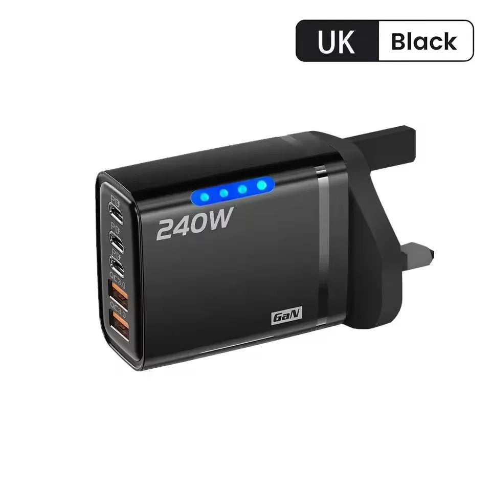240w Gan Fast Charger With Led Light 5 In 1 2usb+3type-C Multi Port Phone Charger For Iphone15-17Series Samsung Huawei Xiaomi 15