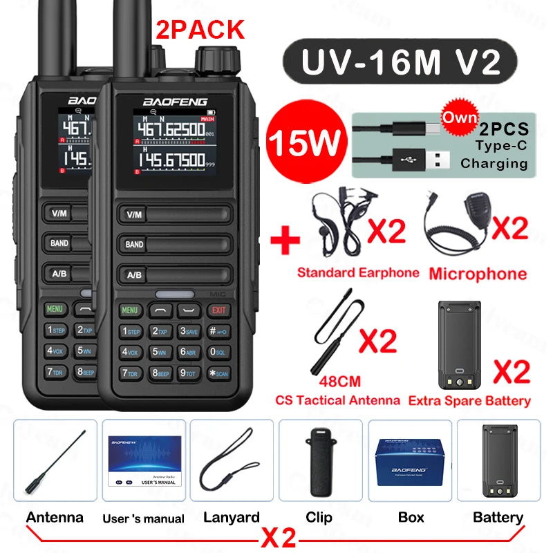 2Pack Baofeng 15W 50KM Waterproof Walkie Talkie 999CH AM FM 2-Way Radio Full Band LCD Screen Frequency Copy Noise Reduce UV16M